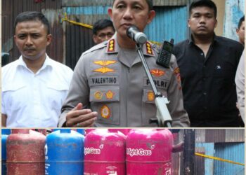 PENGOPLOSAN TABUNG GAS: Kapolrestabes Medan Kombes Pol  Valentino Alfa Tatareda SH SIK didampingi Kasat Reskrim Kompol T Fathir saat memberikan keterangan terkait penggerebekan di pangkalan pengoplosan tabung gas bersubsidi Jalan Cempaka, Kecamatan Delitua, Deliserdang belum lama ini.(Foto Dok/Polrestabes)