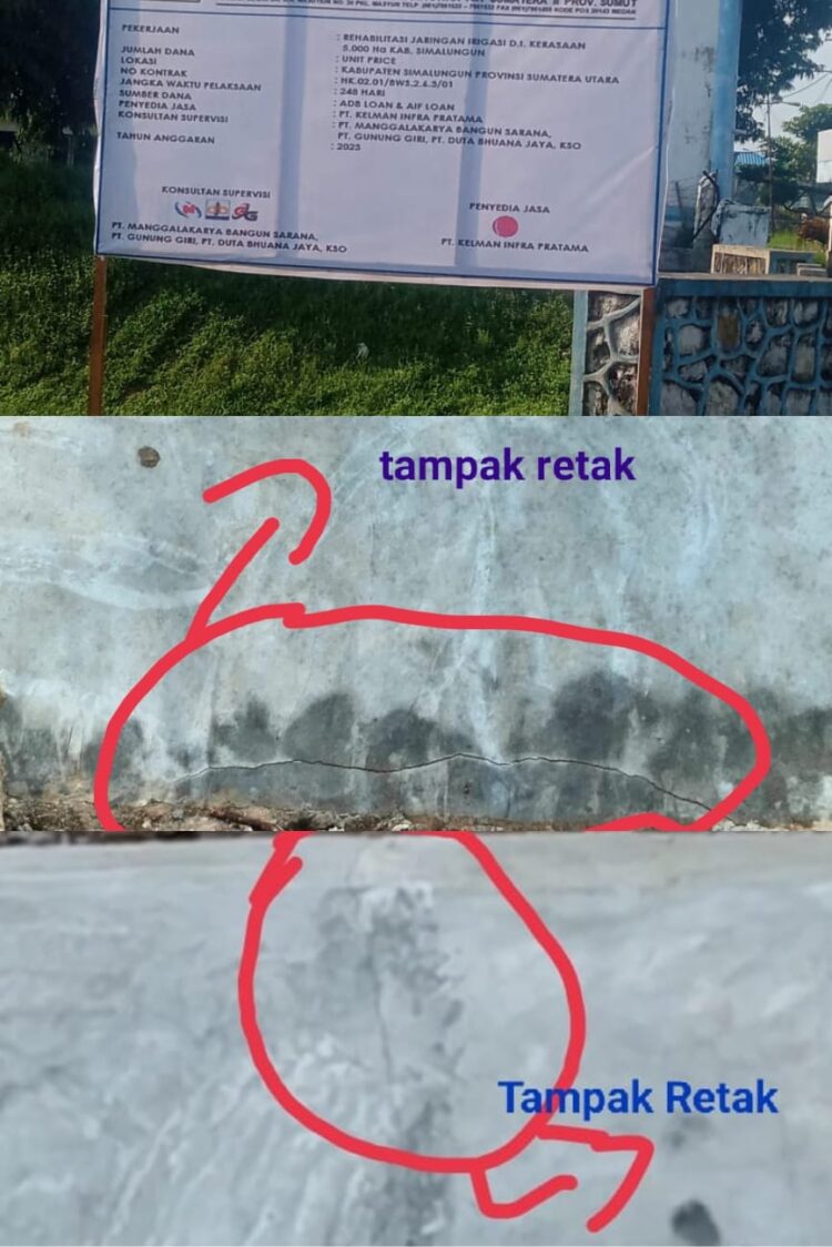 Kondisi pengerjaan proyek Sumber Daya Air (SDA) Balai Besar Wilayah Sungai Sumatera II SNVT Pelaksanakan rehabilitasi jaringan irigasi D.I Kerasaan 5000 Ha pertanian Kabupaten Simalungun.