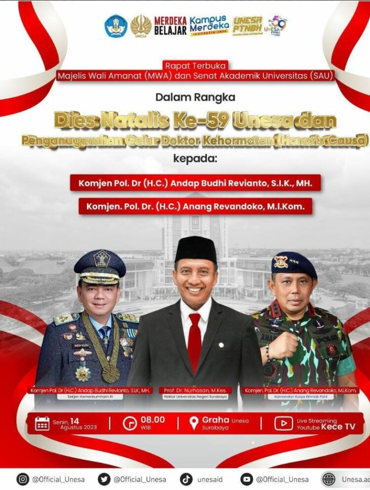 Sekretaris Jenderal Kementerian Hukum dan HAM (Kemenkumham), Komjen Pol. Andap Budhi Revianto menerima Penganugerahan Gelar Doktor Kehormatan (Honoris Causa) dari Universitas Negeri Surabaya (Unesa).