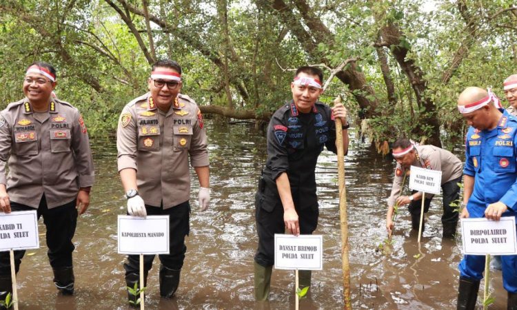 Jajaran Polresta Manado melakukan penanaman 1000 bibit mangrove di Pesisir Pantai Molas Kecamatan Bunaken Kota Manado, Rabu (23/8/2023).