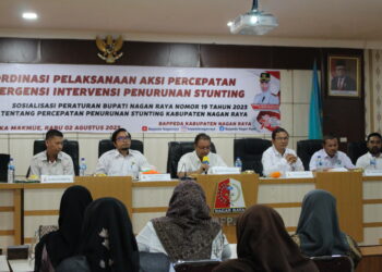 Asisten Perekonomian dan Pembangunan Sekda, Amran Yunus, S.P., M.T. dalam acara sosialisasi Perbub Nagan Raya Nomor 19 Tahun 2023 tentang Percepatan Penurunan Stunting Kabupaten Nagan Raya di Aula Bappeda, Kompleks Perkantoran Suka Makmue, Rabu (2/8/2023).