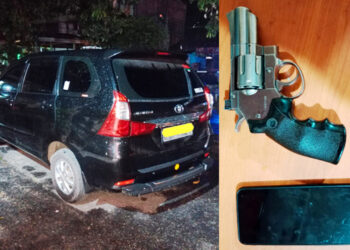 BARANG BUKTI : Barang bukti mobil Avanza yang sempat dirampok dan senjata airsoft gun serta ponsel yang diamankan dari pelaku perampokan baru-baru ini. (Foto.Dok/Polresta DS).