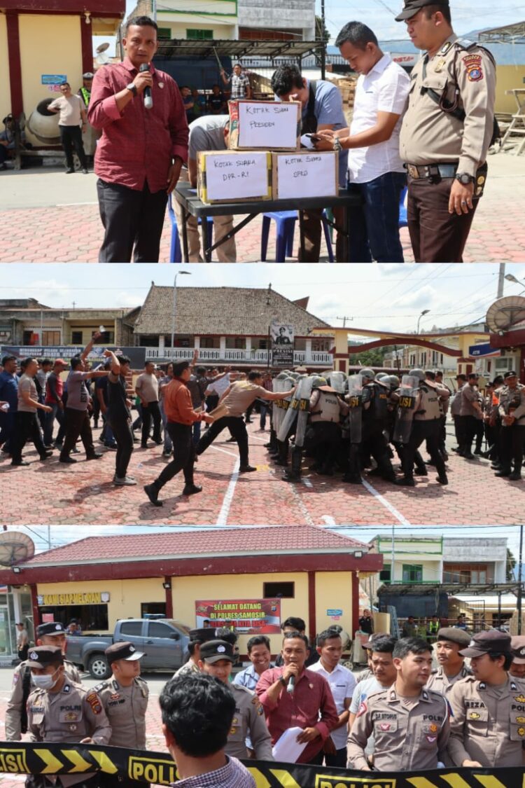 Polres Samosir melakukan Gladi Sispamkota sebagai bagian dari persiapan menghadapi situasi kontijensi yang mungkin terjadi dalam Pemilu 2024 di Wilayah Hukum Polres Samosir.