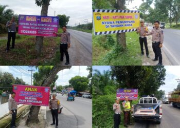 Sat Lantas Polres Labuhanbatu melakukan pemasangan Spanduk dan Baliho di sepanjang Jalinsum khususnya di lokasi rawan terjadinya kecelakaan lalu lintas.