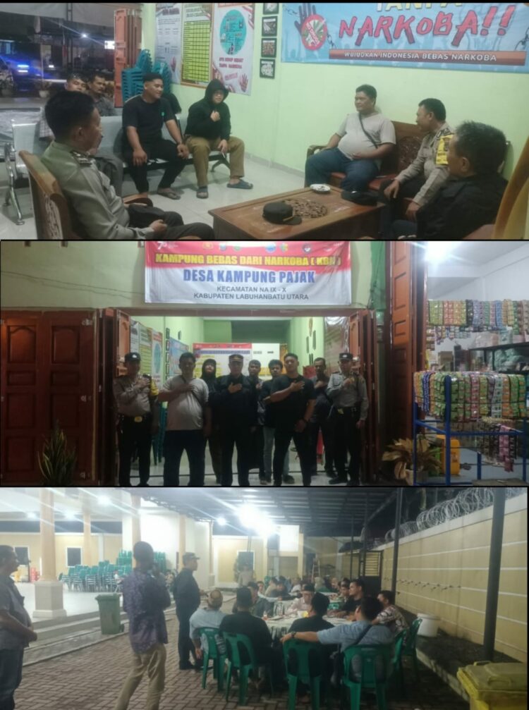 Personel Polsek NA IX-X Polres Labuhanbatu menjalankan tugasnya untuk menjaga keamanan dan ketertiban masyarakat dengan melaksanakan patroli dialogis di Kampung Bebas dari Narkoba Desa Kampung Pajak, Kecamatan Na IX-X, Kabupaten Labuhanbatu Utara, pada Kamis (21/09/2023) malam.