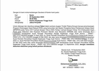 Penyidik Kejaksaan Tinggi (Kejati) Aceh memanggil berinisial (MD) sebagai saksi, guna melakukan pengembangan terhadap kasus dugaan korupsi program Peremajaan Sawit Rakyat (PSR) tahun 2017 sampai dengan 2020 yang dilakukan oleh Koperasi Produsen Mandiri Jaya Beusaree (KPMJB).