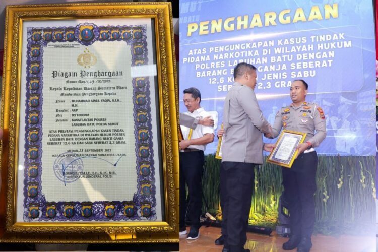 Kasat Lantas Polres Labuhanbatu AKP M Ainul Yaqin SIK, MH, menerima piagam penghargaan dari Kapolda Sumatera Utara Irjen Agung Setya IE, SH, SIK, M.Si, Senin (25/09/2023) di Poldasu.