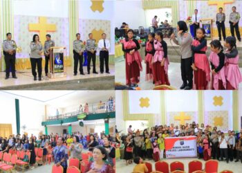 Personel Polres Labuhanbatu yang dipimpin oleh Kanit binmas IPDA Jimton P. Sitanggang melaksanakan giat “Minggu Kasih” di Gereja GPdI Kel. Ujung bandar Kec. Rantau selatan Rantauprapat Kab. Labuhanbatu, Minggu (24/09/2023).