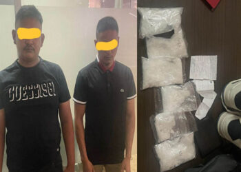 BAWA SABU : Kedua calon penumpang dan 6 bungkus sabu seberat 1 Kg lebih diserahkan ke Ditres Narkoba Polda Sumut, Selasa (26/9/2023) di Bandara Kualanamu. (Foto.Dok/Polresta Deliserdang).