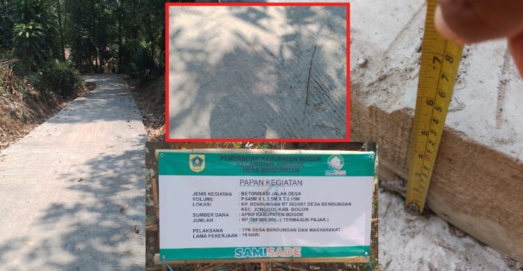 Pekerjaan Betonisasi Jalan Desa Bendungan dari Dana Samisade senilai Rp.398.000.000,- hitungan hari sudah soak alias tergerus sehingga material berantakan di atasnya (foto : RH/Mitrapolri.com)
