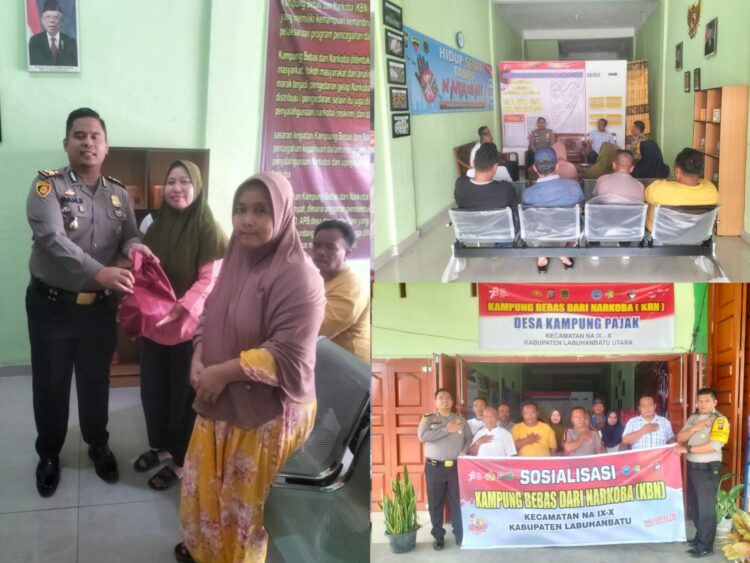 Pelaksanaan kegiatan bakti sosial, Kapolsek NA IX-X, AKP Panji Nugara, STK, MH bersama personil bagi sembako kepada masyarakat di Kampung Bebas Narkoba Desa Kampung Pajak, Kecamatan NA IX-X, Kabupaten Labuhanbatu Utara, Rabu (04/10/2023) sekira pukul 11.30 WIB