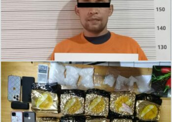 BANDAR NARKOBA: Tersangka bandar narkoba berinisial MD diamankan di Mako Satres Narkoba Polrestabes Medan berikut barang bukti sabu, pil ekstasi dan lainnya, Senin (9/10/2023).(Foto Dok/Polrestabes)
