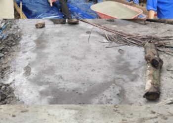 Kondisi bangunan rabat beton di dusun 1 Nagori Mekar Mulia, kecamatan Tanah Jawa, Kabupaten Simalungun, Sumatera Utara yang baru dikerjakan dengan pagu anggaran Biaya Fisik Rp 190. 074.000, PPN 11 persen Rp 12.130.140, Biaya Umum 7.973.710 jadi Total anggaran Rp 210.977.850 dari Dana Desa tahun 2023 yang sudah rusak.