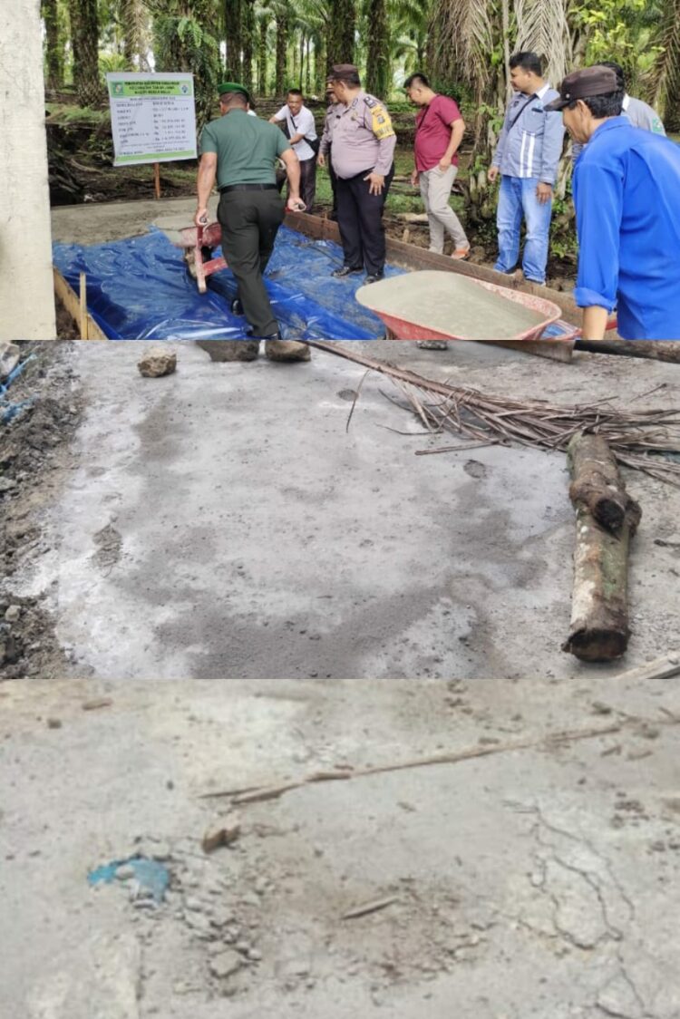 Kondisi bangunan rabat beton di dusun 1 Nagori Mekar Mulia, kecamatan Tanah Jawa, Kabupaten Simalungun, Sumatera Utara yang baru dikerjakan dengan pagu anggaran Biaya Fisik Rp 190. 074.000, PPN 11 persen Rp 12.130.140, Biaya Umum 7.973.710 jadi Total anggaran Rp 210.977.850 dari Dana Desa tahun 2023 yang sudah rusak.