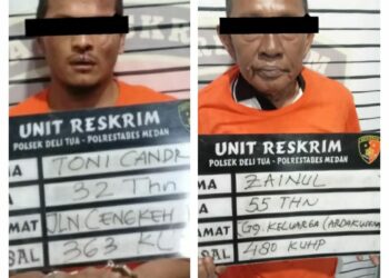DIAMANKAN: Pelaku pencurian, TC (kiri) dan penadah, Z (kanan) diamankan Polsek Delitua, Kamis (12/10/2023). (Foto Dok/ Polsek Delitua)