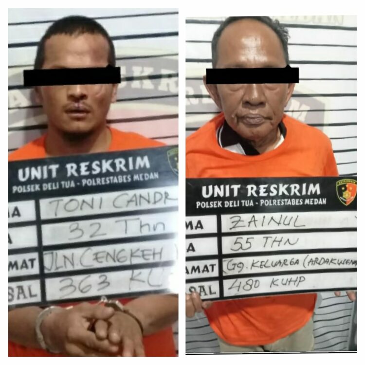 DIAMANKAN: Pelaku pencurian, TC (kiri) dan penadah, Z (kanan) diamankan Polsek Delitua, Kamis (12/10/2023). (Foto Dok/ Polsek Delitua)