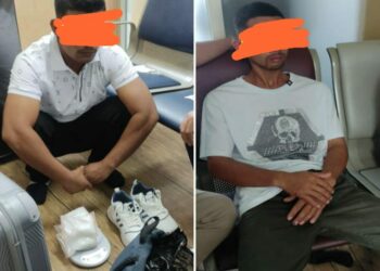 DITANGKAP : Dua calon penumpang terduga pembawa sabu di dalam sepatu ditangkap Petugas Avsec bersama Personel Polda Sumut dan Polsek Kawasan Bandara, Kamis (12/10/2023) di Bandara Internasional Kualanamu. (Foto.Dok/Polresta Deliserdang).