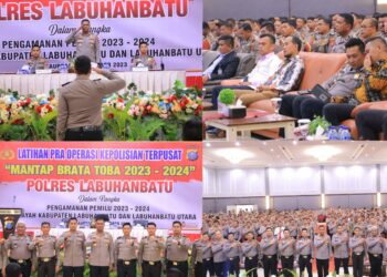 Polres Labuhan batu laksanakan latihan Pra Oprasi Kepolisian Terpusat MANTAP BRATA TOBA bersama KPU dan Bawaslu di Ball Room Suzuya Rantauprapat, senin (16/10/2023).