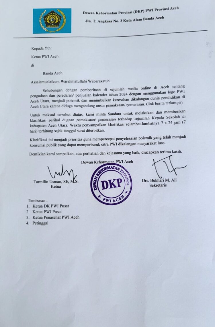 Ketua DKP PWI Aceh, Tarmilin Usman dalam suratnya kepada ketua PWI Aceh meminta klarifikasi dan pertanggung jawabannya. Karena dinilai apa yang dilakukan oknum ketua PWI Aceh Utara telah menjadi polimik dan menimbulkan keresahan dikalangan dunia pendidikan karena mengandung unsur pemaksaan/pemerasan.