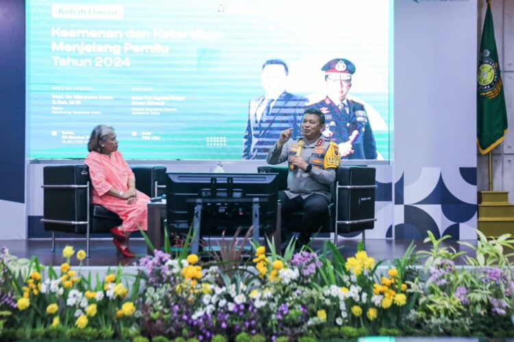 BERI KULIAH UMUM: Kapolda Sumut, Irjen Pol Agung Setya Imam Effendi, memberikan kuliah umum di USU, Senin (23/10/2023). (Foto Dok/ Polda Sumut)