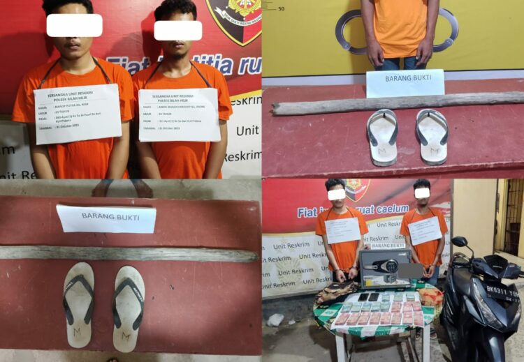 2 orang laki-laki, diduga pelaku pencurian dengan pemberatan (curat), pelaku berinisial AIH alias Andre Ikana Harahap, 21 Tahun, yang beralamat JL. Besar Ajamu Sei Sentosa Panai Hulu dan pelaku RP alias Riandy Putra alias Rian, yang beralamat sama dengan rekan nya tersebut