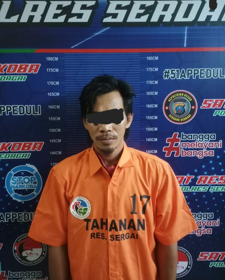 DIAMANKAN : R alias Gambus (33), terduga pengedar sabu berikut barang bukti diamankan di Satnarkoba Polres Sergai. (Foto Dok/Humas Polres Sergai)