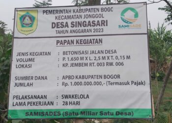 Implementasi Penyeraban Dana  APBD Kabupaten Bogor Satu Milyar Satu Desa ( Samisade) Betonisasi Jalan Desa Singasari Kecamatan Jonggol Terealisasi dengan Baik (Foto : RH/MitraPolri.Com)