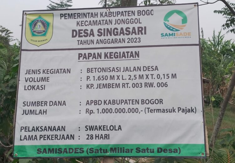 Implementasi Penyeraban Dana  APBD Kabupaten Bogor Satu Milyar Satu Desa ( Samisade) Betonisasi Jalan Desa Singasari Kecamatan Jonggol Terealisasi dengan Baik (Foto : RH/MitraPolri.Com)