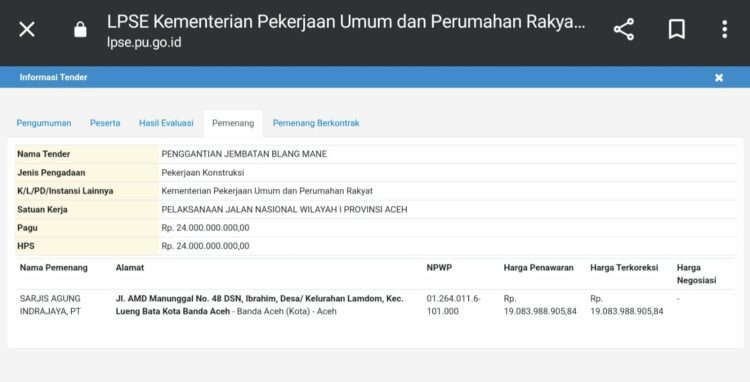 Transparansi Tender Indonesia (TTI) menemukan kesalahan Fatal pada Pemenang Tender Paket Penggantian Jembatan Blang Mane Kabupaten Peusangan Kabupaten Bireun Nilai Penawaran Rp.19.083.988.905 dari HPS Rp.24.000.000.000,-.