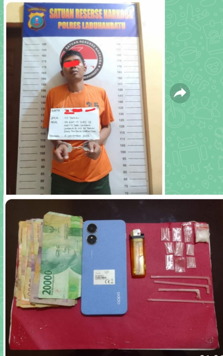 Satuan Reserse Narkotika Polres Labuhanbatu mengamankan 1 orang Lelaki 43 tahun, penduduk Batu Nanggar Desa Batu Nanggar, Kec. Batang Onang, Kab. Padang Lawas Utara, bersama sejumlah barang bukti narkoba jenis sabu-sabu.