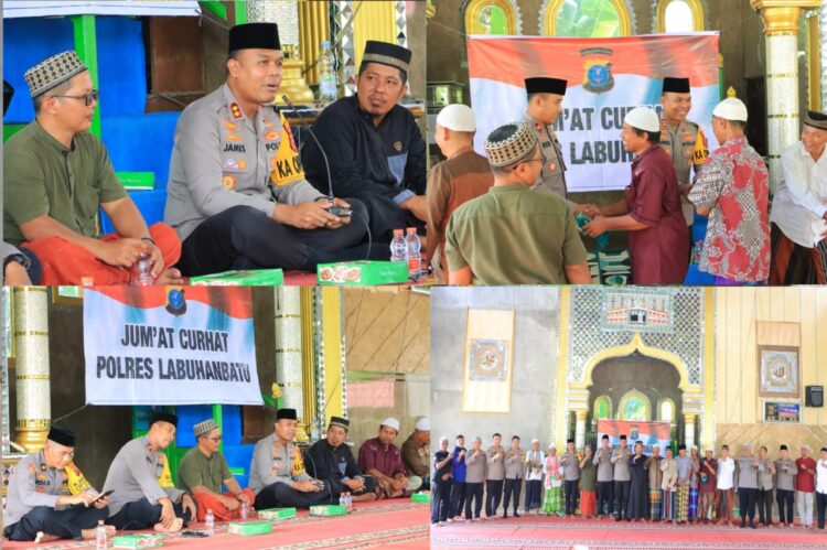 Kapolres Labuhanbatu dalam kegiatan Jum,at Curhat di masjid Rohani Kampung Balik Gunung, Lingkungan Bandar Selamat 1.
