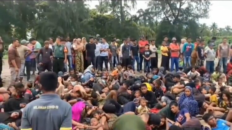 Tampak sekitar 200 imigran etnis Rohingya sedang beristirahat usai terdampar di Pantai Blang Raya, Kecamatan Muara Tiga, Kabupaten Pidie, Aceh, Selasa (14/11/2023). (Foto : Dok/Istimewa)