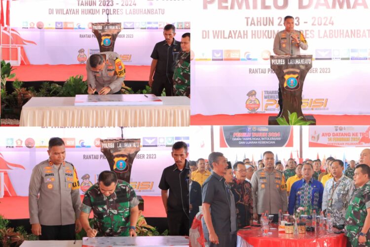 Polres Labuhanbatu menggelar acara Deklarasi Pemilu Damai 2023-2024 di Aula Gedung Serbaguna Mapolres Labuhanbatu Jl. MH. Thamrin Rantauprapat Kab. Labuhanbatu, Sumut, Kamis (30/11/2023).