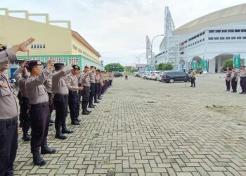 GELAR PAM: Personel Polrestabes Medan menggelar Pam dalam rangka kunjungan capres H Anies Rasyid Baswedan, Minggu (3/12/2023).(Foto Dok/Polrestabes)
