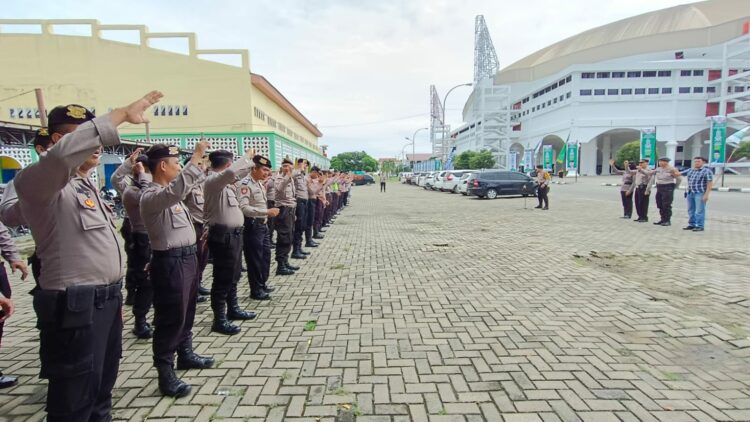 GELAR PAM: Personel Polrestabes Medan menggelar Pam dalam rangka kunjungan capres H Anies Rasyid Baswedan, Minggu (3/12/2023).(Foto Dok/Polrestabes)