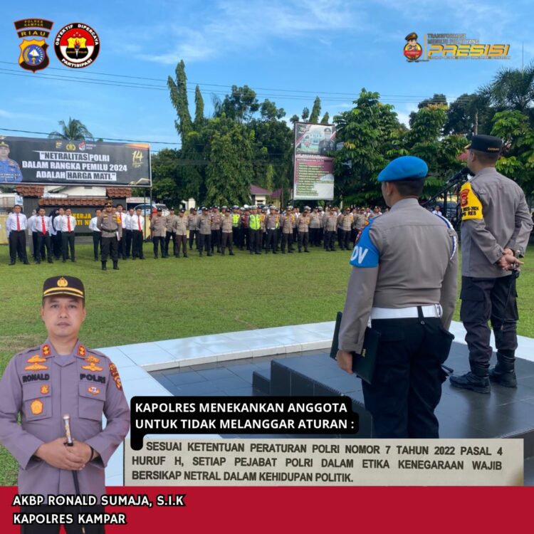 Kapolres Kampar AKBP Ronald Sumaja menekankan pentingnya menjaga netralitas Polri dalam pelaksanaan Pemilihan Umum (Pemilu) 2024. Netralitas Aparatur Sipil Negara (ASN) menjadi salah satu potensi kerawanan yang patut diperhatikan dalam penyelenggaraan pengamanan pesta demokrasi tersebut, Senin pagi (11/12/2023).