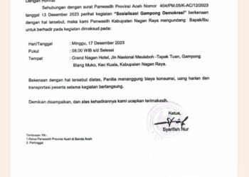 Undangan Sosialisasi Gampong Demokrasi yang diadakan Bawaslu di Nagan Raya