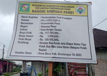 Papan informasi Proyek pembangunan parit pasangan di Huta Gurgur Toruan, nagori Simpang Panei, kecamatan Panombean Panei, kabupaten Simalungun (Sumut)