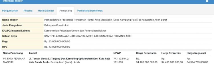 Pokja Pemilihan Balai Pelaksana Pemilihan Jasa Konstruksi BP2JK Kementerian PUPR tentang penetapan PT. FATA PERDANA MANDIRI sebagai pemenang tender paket Pembangunan Prasarana Pengaman Pantai Kota Meulaboh yang bersumber dari APBN 2024 Nilai Penawaran RP.34.394.783.000,-