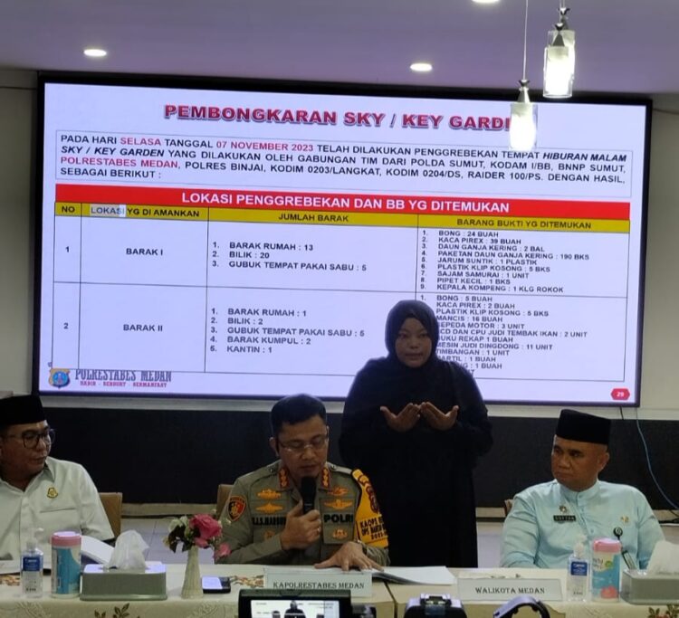 RILIS AKHIR TAHUN: Kapolrestabes Medan Kombes Pol Teddy John Sahala Marbun SH MHum menggelar rilis akhir tahun di gedung Bhayangkara Mapolrestabes, Jumat (29/12/2023).(Foto Dok/Polrestabes)