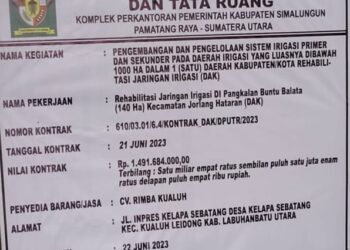 Rehabilitasi jaringan irigasi di Pangkalan Buntu balata (140 Ha) kecamatan Jorlang Hataran, kabupaten Simalungun, yang menurut papan informasi (plank proyek) selesai dikerjakan pada 18 Desember 2023