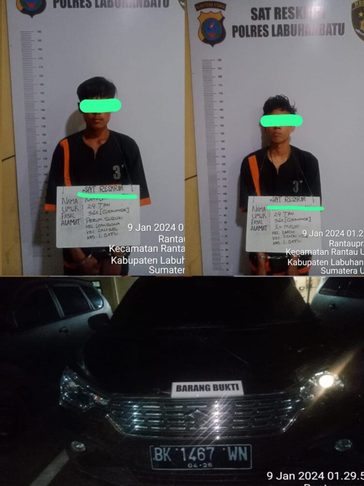 Polres Labuhanbatu berhasil mengamankan 2 orang Laki-laki yang bernama RS alias Dani, Lk, 24 tahun warga Kel. Ujung Bandar Kec. Rantau Selatan Kab. Labuhanbantu dan AHN alias Ucok 24 tahun warga Kel. Kartini Kec. Rantau Utara Kab. Labuhanbantu pelaku Curanmor 1 unit mobil Suzuki Ertiga.