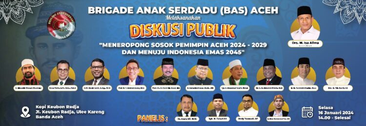 Dewan Pimpinan Daerah Brigade Anak Serdadu (DPD BAS) Aceh menggelar diskusi publik bertajuk "Meneropong Sosok Pemimpin Aceh 2024-2029 dan Menuju Indonesia Emas 2045" di
Warung Kopi di Keubon Radja, Ule Kareng, Banda Aceh. Diskusi dilaksanakan pada Selasa (16/1/2024).
