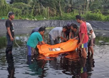 EVAKUASI : Petugas kepolisian dibantu warga saat mengevakuasi mayat dari kolam tambak udang, Selasa (16/1/2024). (Foto Dok/Humas Polres Sergai)