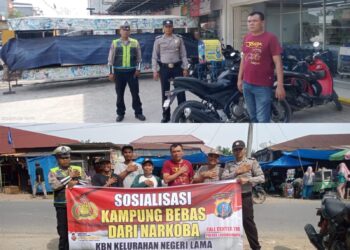 Personel Polsek Bilah Hilir Polres Labuhanbatu menjalankan tugasnya untuk menjaga keamanan dan ketertiban masyarakat dengan melaksanakan patroli dialogis Kampung Bebas dari Narkoba (KBN) di Pekan Negeri Lama, SPBU negeri lama dan Indomaret Kec. Bilah hilir kab. Labuhanbatu, Selasa (23/01/2024).