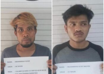 PENGEDAR SABU: Dua pengedar narkoba jenis sabu berinisial MR dan MAN diamankan di Mako Satres Narkoba Polrestabes Medan, Jumat (26/1/2024).(Foto Dok/Polrestabes)