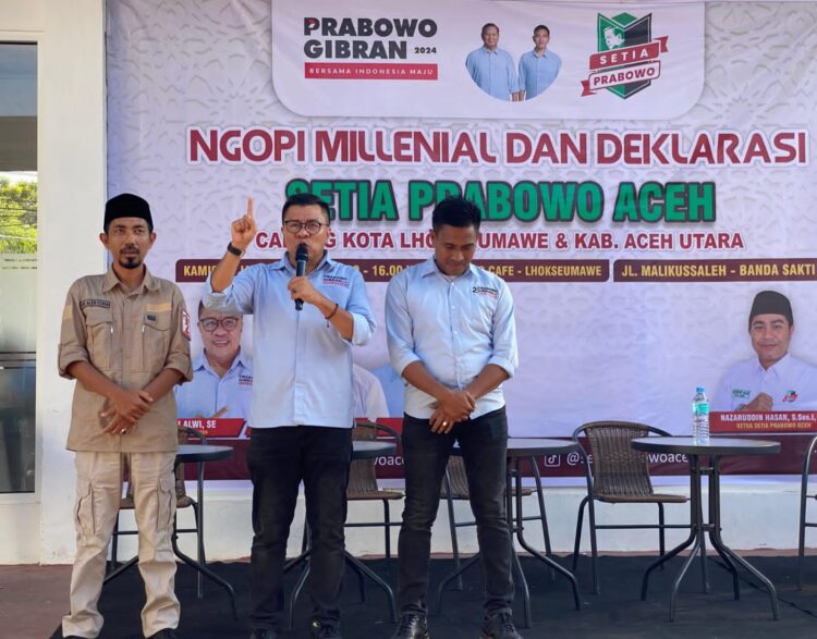 Gerakan Relawan Setia Prabowo Aceh, Cabang Lhokseumawe dan Aceh Utara mengadakan Ngopi Millenial dan Deklarasi bersama, di Ohayo Caffe, Kota Lhokseumawe pada Kamis, 25 Januari 2024. Acara ini diawali dengan pembacaan deklarasi seluruh relawan dan para peserta yang hadir untuk memenangkan Prabowo-Gibran pada pemilu 14 Februari 2024 nanti.