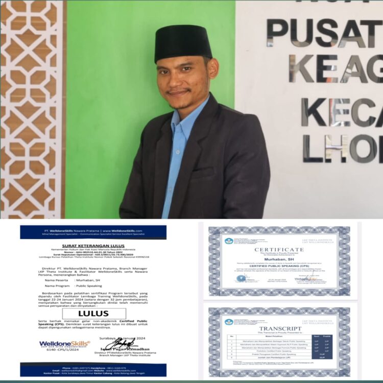 Murhaban, SH dinyatakan lulus dan memenuhi semua persyaratan serta berhak memakai gelar Non Akademik Certified Public Speaking (CPS), itu ia dapatkan setelah mengikuti program sertifikasi tersebut yang digelar oleh WelldoneSkills Nawara Pratama dan LKP Theta Institute.
