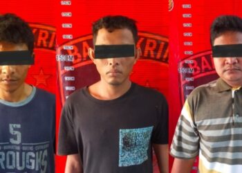 Note
FR = Fadli Rakasimi
MA = M Akhiruddin
HSL = Hendra Syahputra Lubis

DIAMANKAN : FR (33), MA (31), dan HSL (28), tiga teeduga pengedar sabu diamankan di Satnarkoba Polres Sergai. (Foto/Dok/Humas Polres)