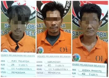 KASUS SABU : Tiga pria terkait kasus peredaran dan pemakai sabu diamankan di Mapolres Pelabuhan Belawan, setelah diringkus dari kawasan Kelurahan Paya Pasir, Medan Marelan, Kamis (1/2/2024).(Foto Dok/Polres Belawan)